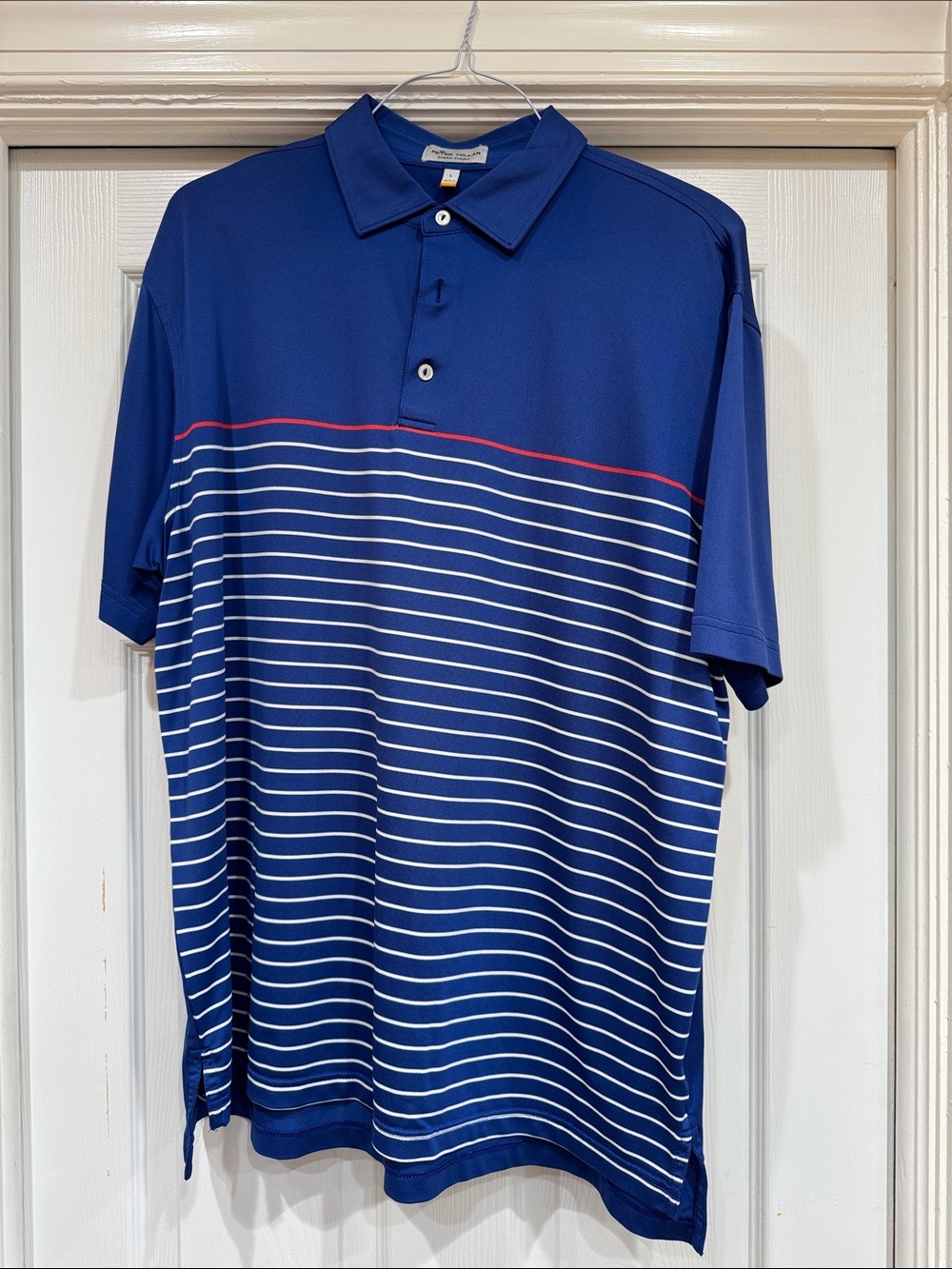 Peter Millar Navy Polo with White Stripes and Red Accent